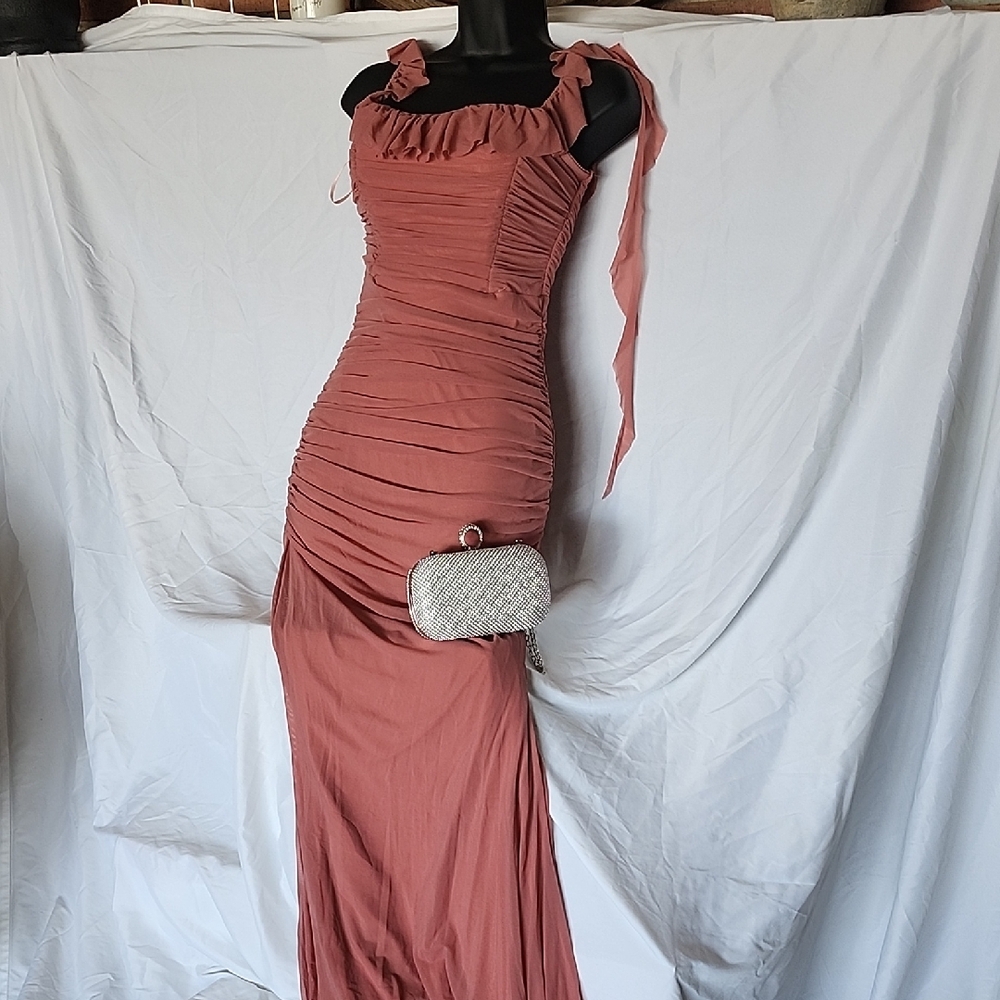 Windsor Terracotta Ruched Maxi Dress outfit WITH sparkly bag